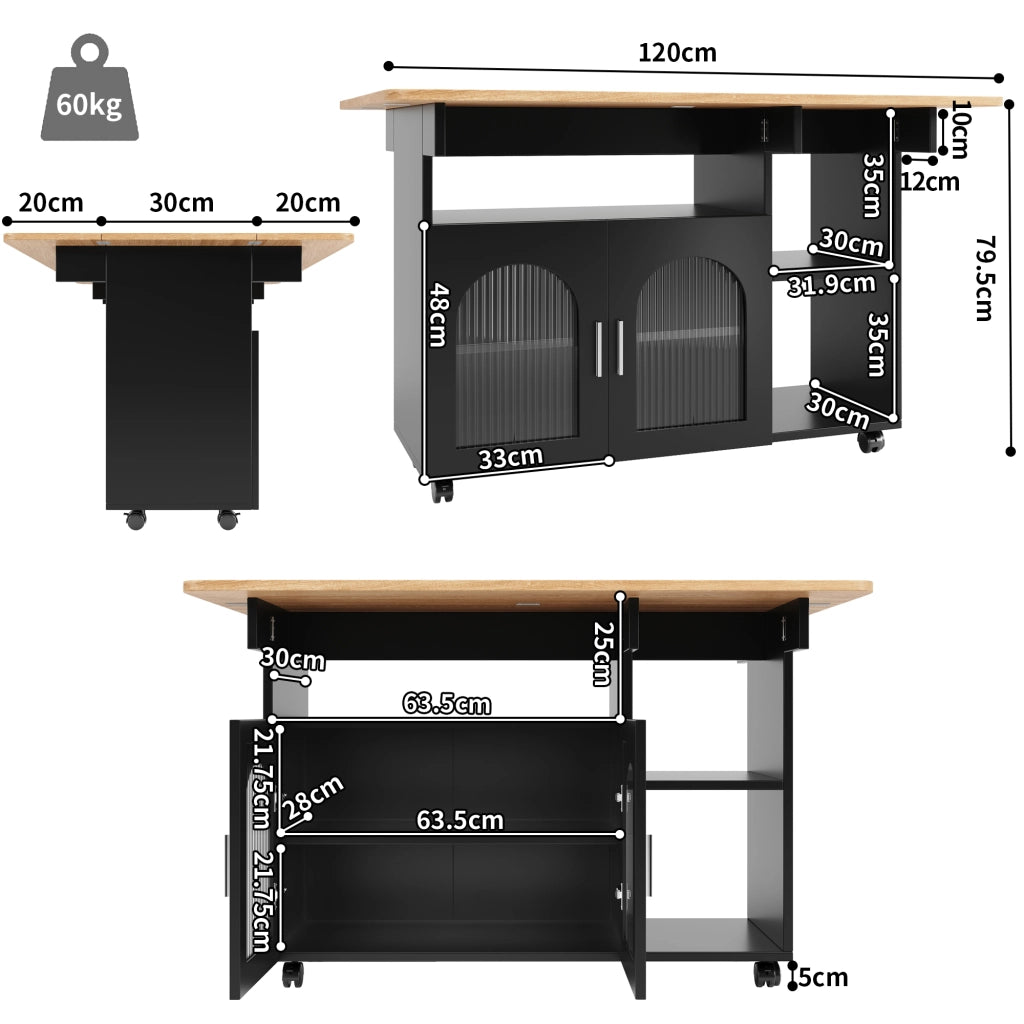 Carrello da cucina con piano pieghevole, ripiani e vani chiusi per cucina, in mdf, metallo e vetro, nero e naturale