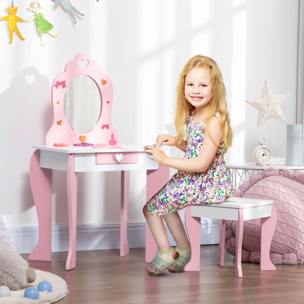 EasyComfort Set Tavolo Trucco con Sgabello, Specchio e Cassetto in MDF per Bimbi 3-6 Anni, Bianco e Rosa