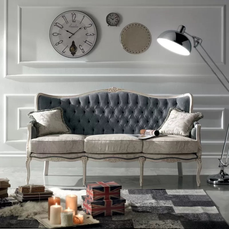 Divano classico 3 posti barocco imbottito grigio 186x83x98