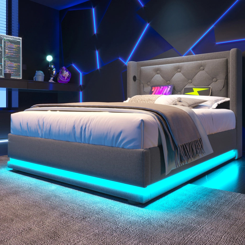 Letto singolo imbottito con contenitore 90x200 cm; cotone grigio; LED e USB Type-C