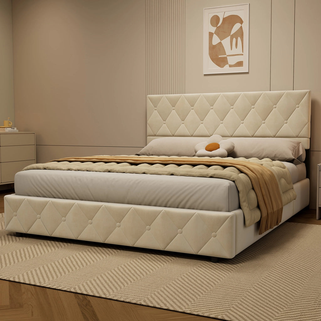 Letto matrimoniale imbottito in velluto beige 160 × 200 cm