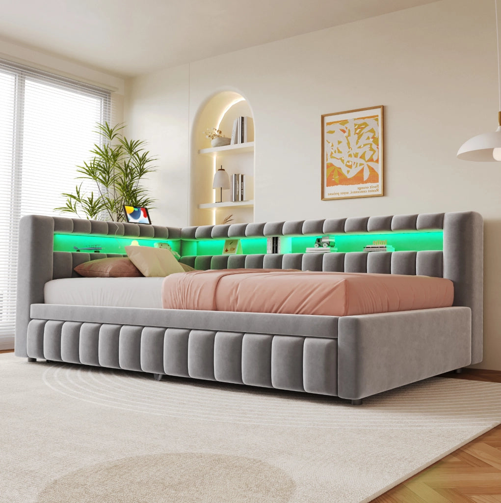 Divano letto estraibile 90x200 cm in velluto grigio chiaro con LED e USB