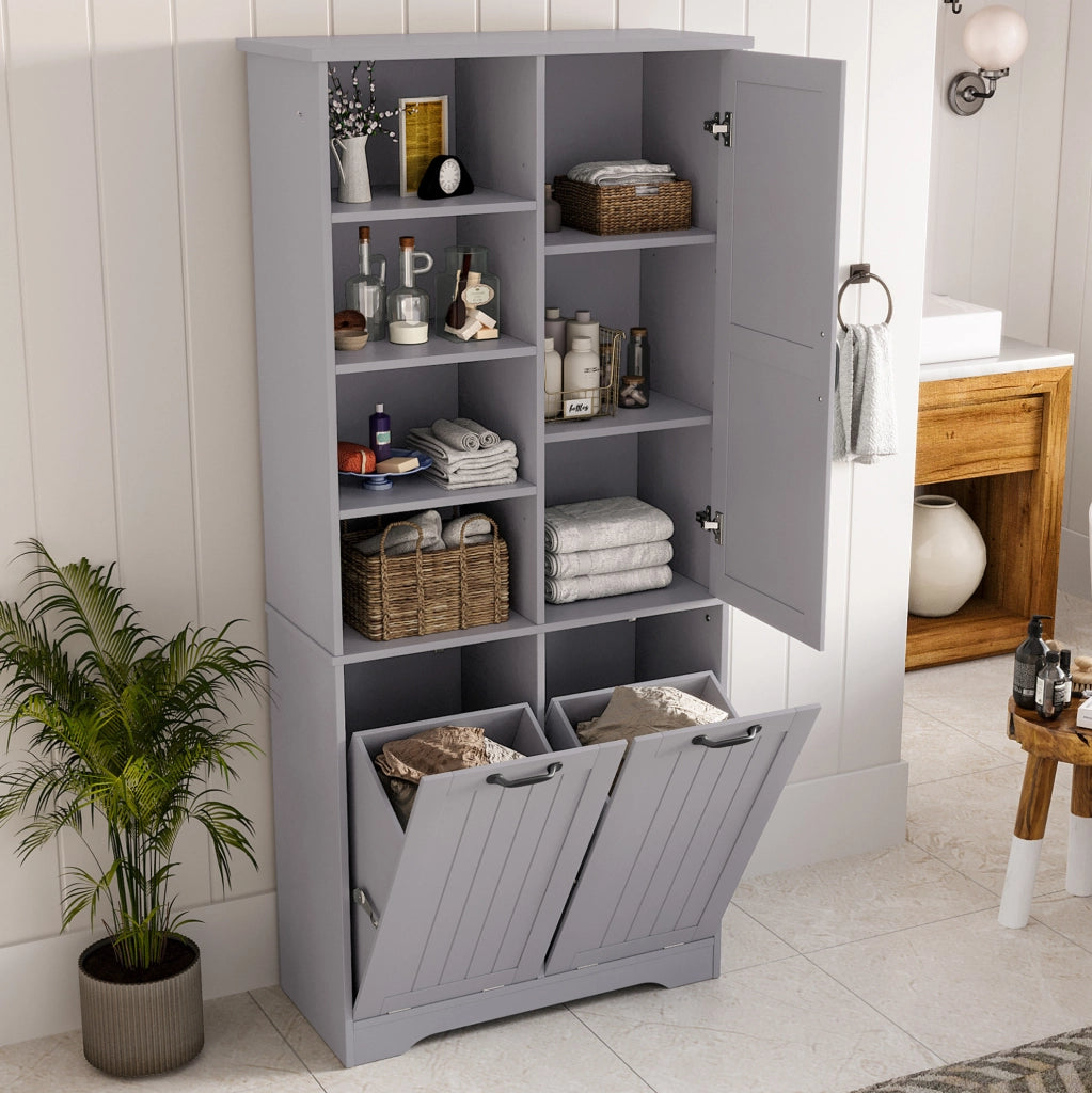 Mobile da bagno 78 x 35 x 172 cm in MDF con doppio cesto portabiancheria e vani aperti