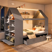 Letto a casetta 90x200 cm grigio con LED, cassetti e vani portaoggetti
