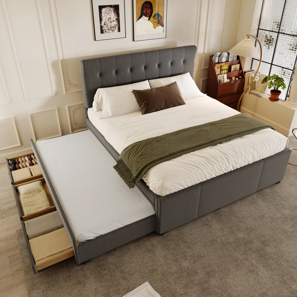 LETTO Estraibile 140x200 cm Lino Grigio con 3 cassetti