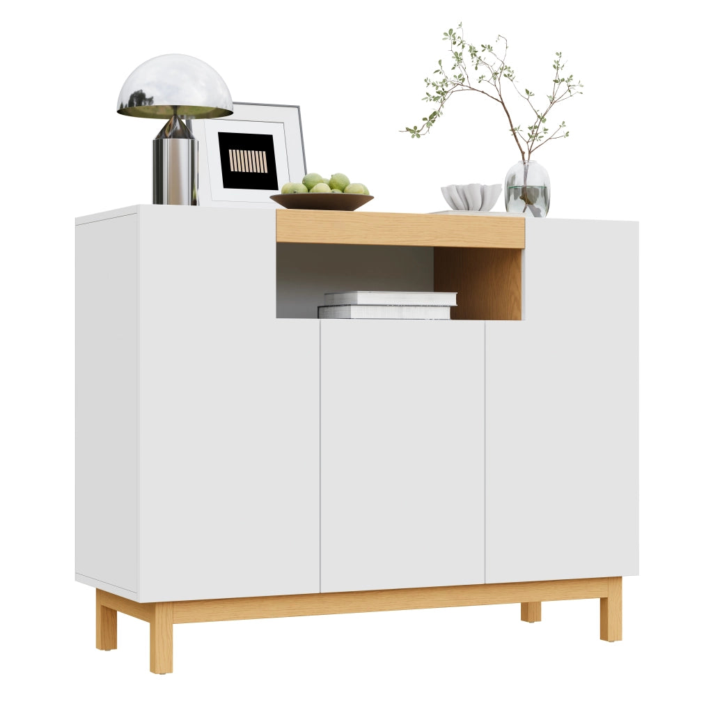 Credenza bianca con tre ante e vano centrale aperto; 120;5 cm; pannelli di particelle; effetto legno