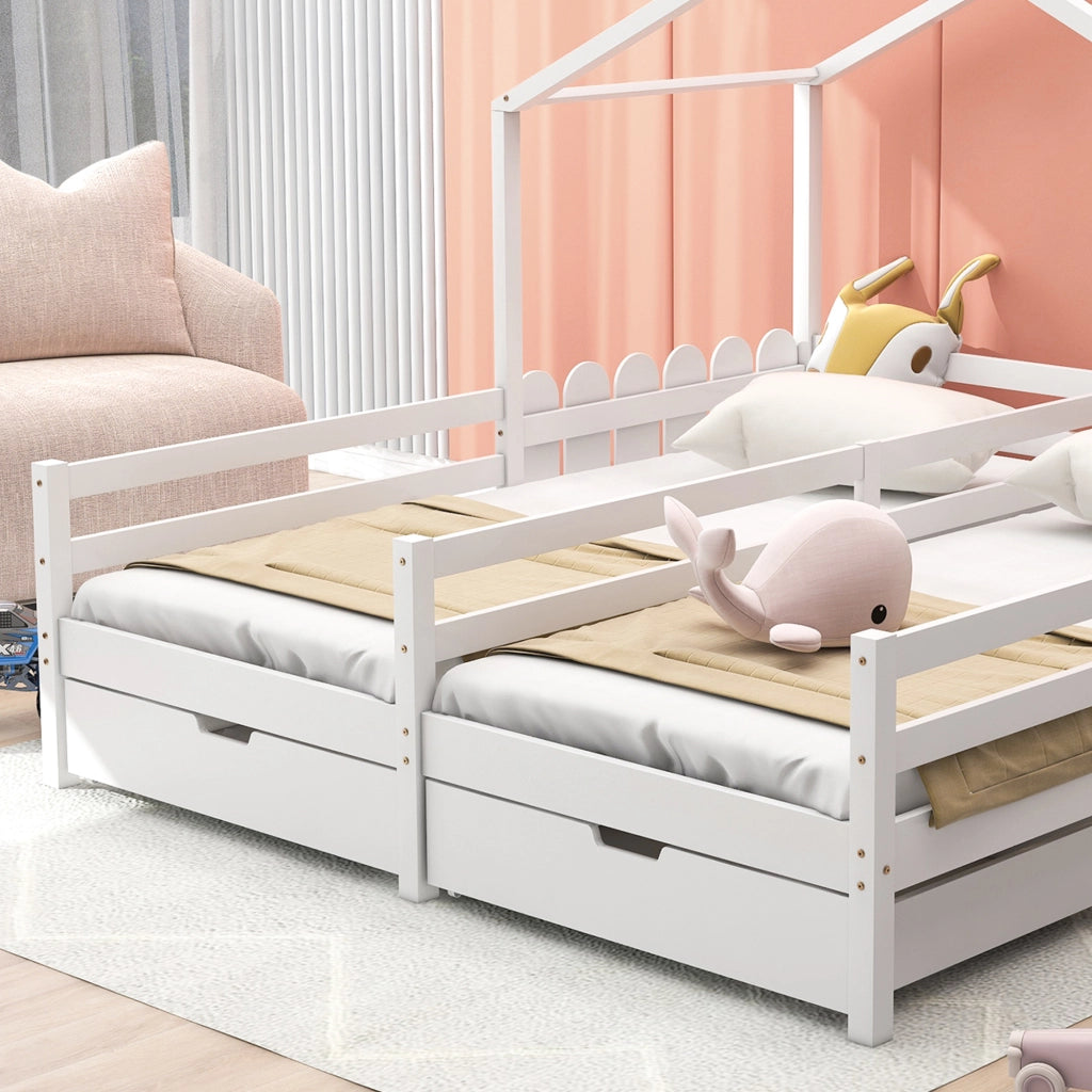 Letto casetta doppio 200×90 cm con 2 cassetti; sponda di sicurezza; senza materasso; bianco