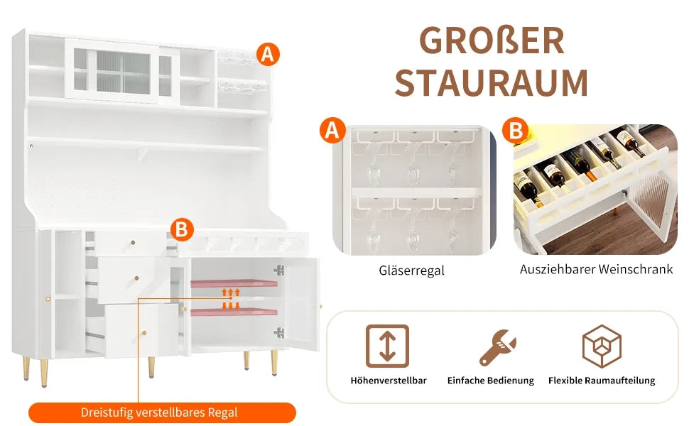 Armadio alto bianco 145x39x171 cm per soggiorno, cucina e sala da pranzo con ripiani regolabili, illuminazione LED, cassetto e portabottiglie