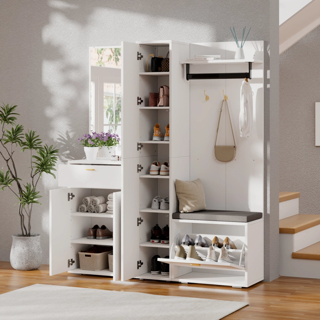 Mobile da ingresso con specchio e appendiabiti, 3 ante, scarpiera a ribalta, panca e cassetto, bianco, 150 × 36 × 180 cm