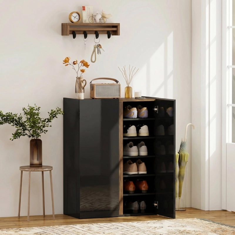Scarpiera a 6 livelli nera lucida con chiusura soft-close e design senza maniglie