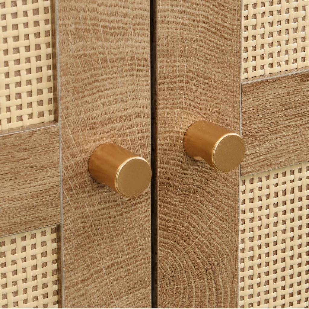 Armadio guardaroba in MDF con effetto legno scuro e ante in rattan, 80x50x180 cm, con appendiabiti, ripiani e 2 cassetti