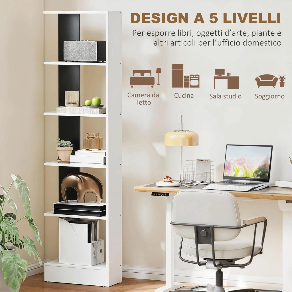 Libreria Moderna Salvaspazio a 5 Ripiani in Legno 45x21x170 cm, Bianco e Nero