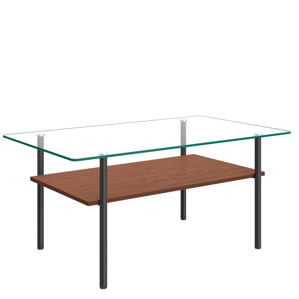 Tavolino basso fisso con piano in vetro temperato e ripiano in MDF effetto legno; struttura in metallo nero e marrone