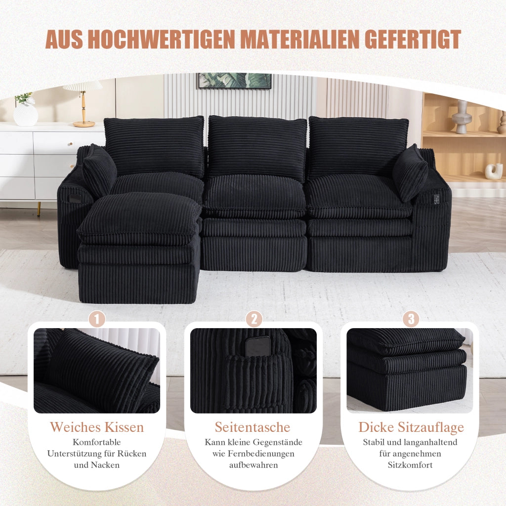 Divano modulare 3 posti con pouf e tasche laterali per soggiorno in corduroy nero