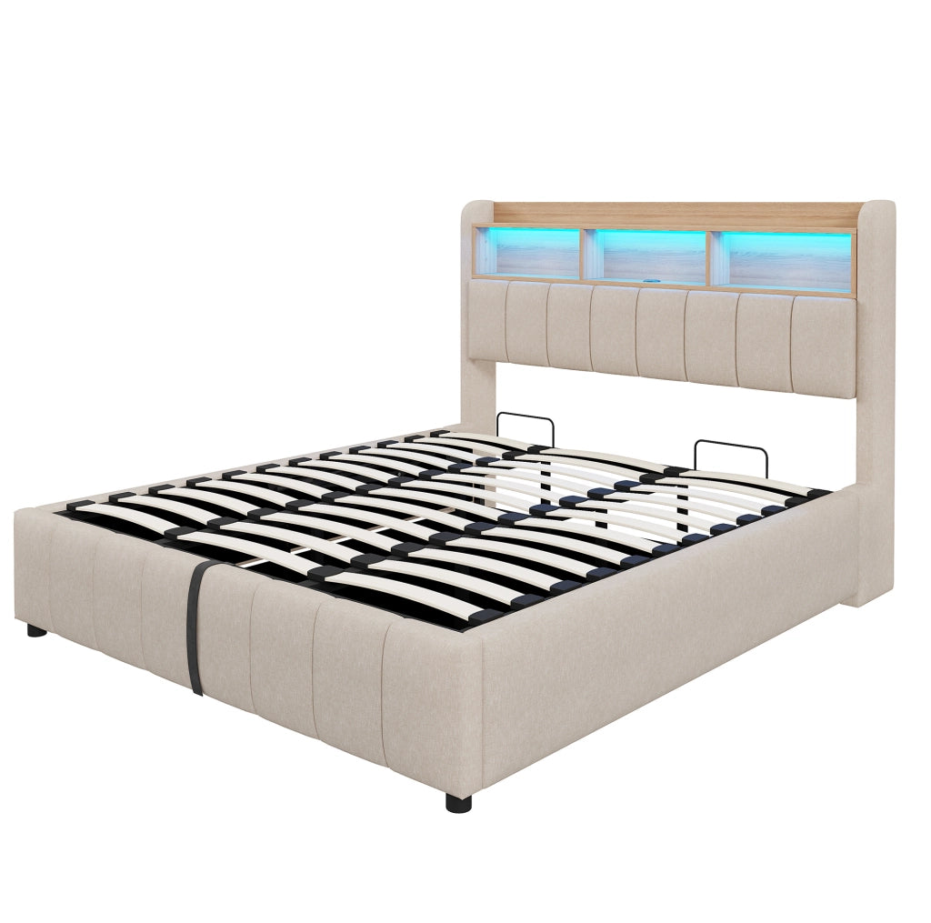 Letto imbottito 180x200 cm con LED e contenitore; lino; beige