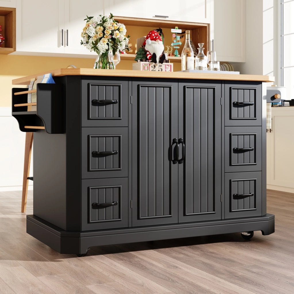 Isola cucina mobile 120x45x91 cm con 2 ante e 6 cassetti nera HOMVRA