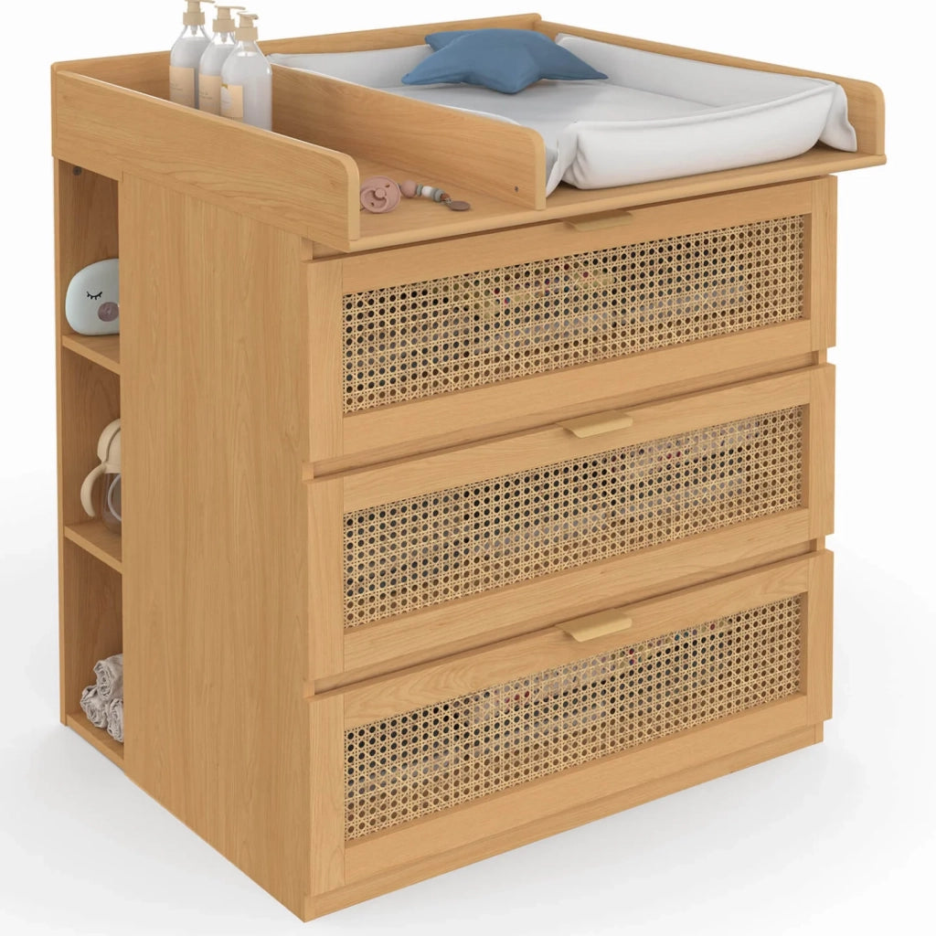 IDMarket - Comò fasciatoio evolutivo EDHEN in legno e vimini con 3 cassetti, piano fasciatoio e 2 ripiani rimovibili