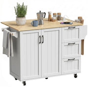 Îlot Central Cuisine avec Plateau Rabattable 2 Prises et 2 Ports USB Desserte de Cuisine sur Roulettes 3 Tiroirs Blanc