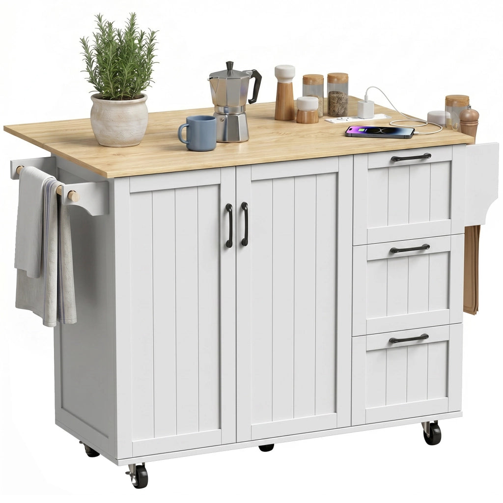 Îlot Central Cuisine avec Plateau Rabattable 2 Prises et 2 Ports USB Desserte de Cuisine sur Roulettes 3 Tiroirs Blanc