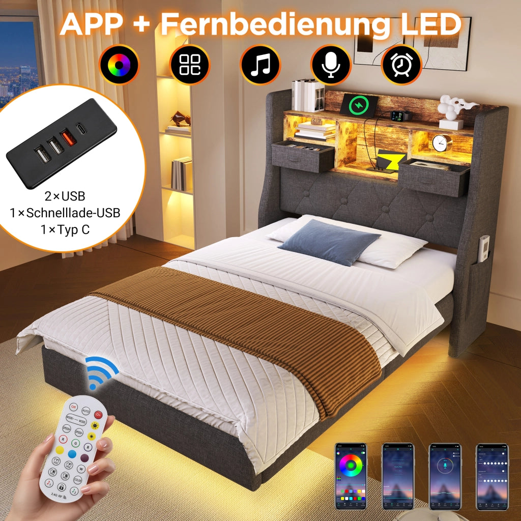 Letto matrimoniale 140 × 200 cm con LED regolabile; 3 USB e porta Tipo C; senza materasso; in lino grigio