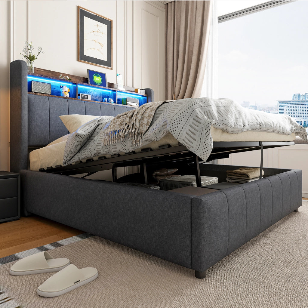 Letto imbottito 140 × 200 cm con contenitore idraulico LED USB e Type-C testiera con ripiani in tessuto di lino grigio