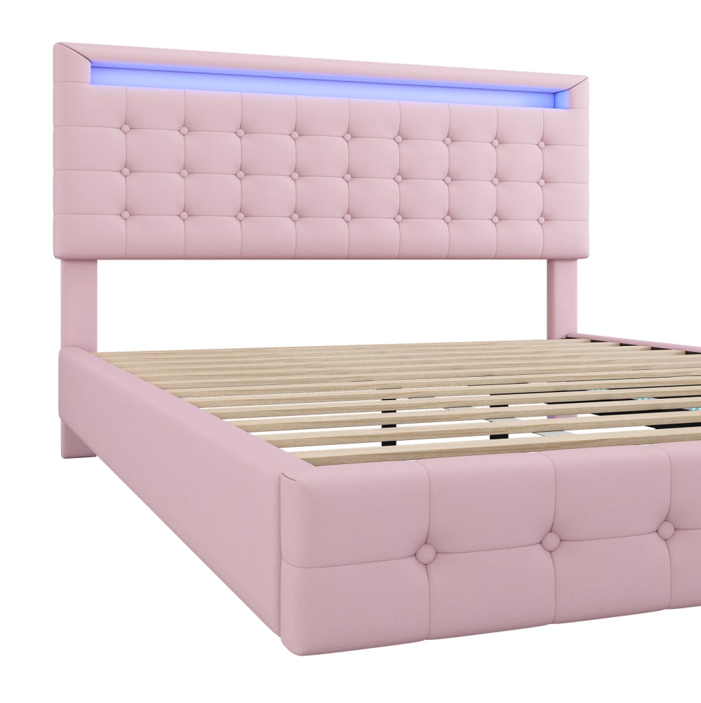 LETTO fluttuante 140x200 cm PU rosa con LED e testiera regolabile