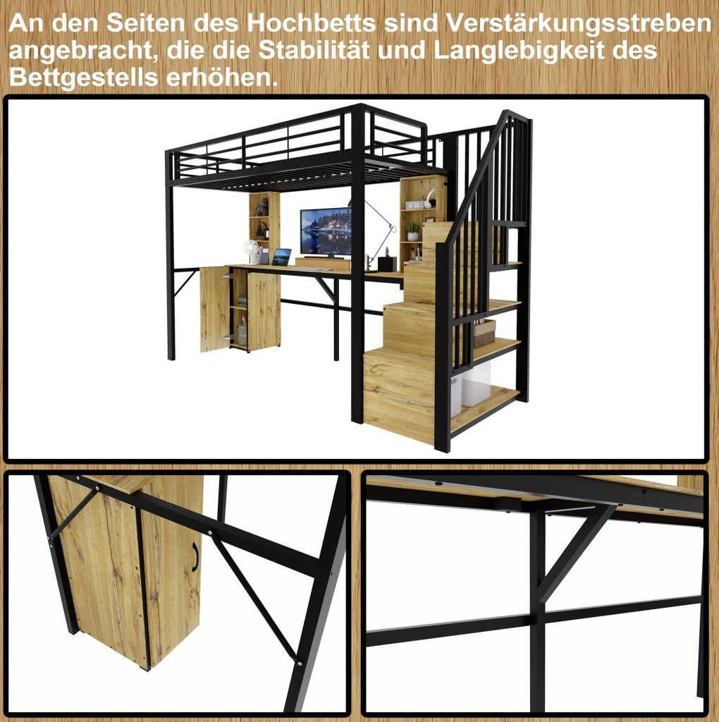 Letto alto 90 x 200 cm in metallo e MDF con scrivania; armadio; scala contenitore e porta USB; nero