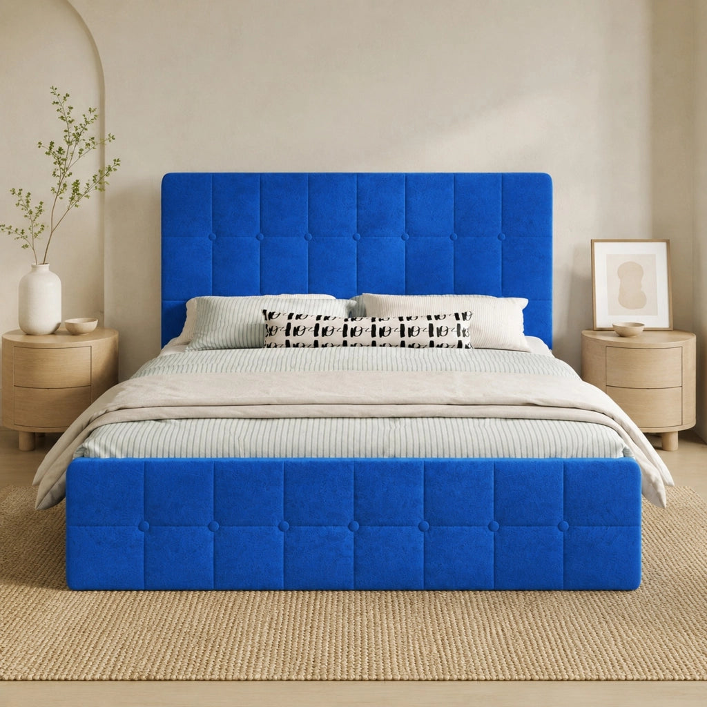 Letto imbottito per materasso 140 × 200 cm con testiera integrata rivestito in velluto blu navy
