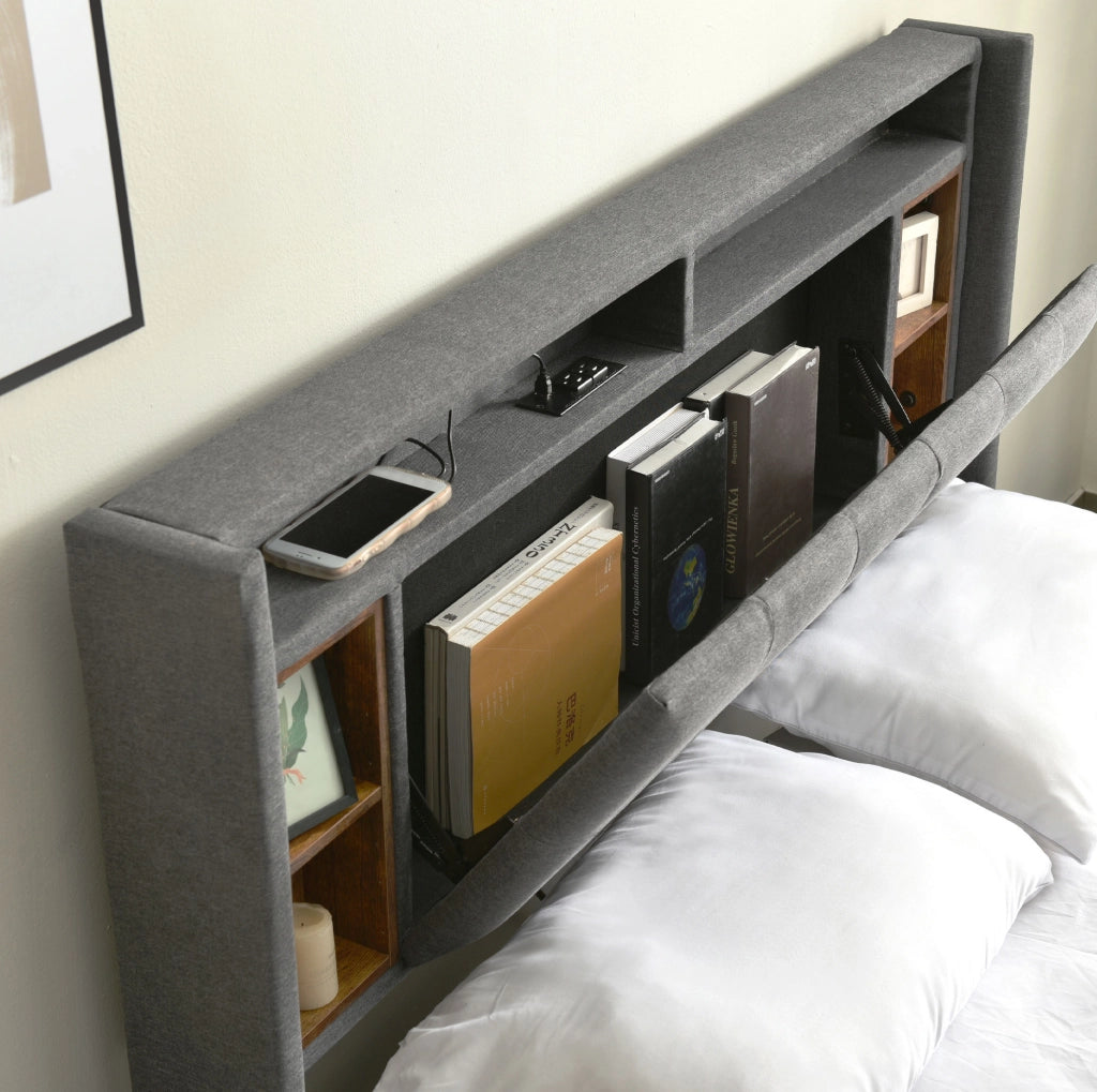 Letto matrimoniale imbottito ULEVR 160x200 cm con testiera contenitore, LED, 2 USB e 2 prese, grigio