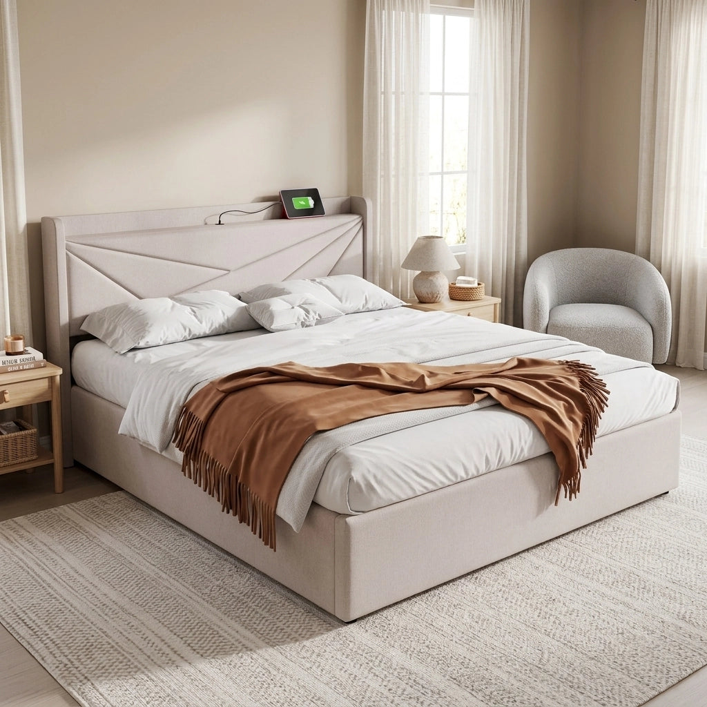 Letto matrimoniale 180x200 con testiera USB e contenitore salvaspazio
