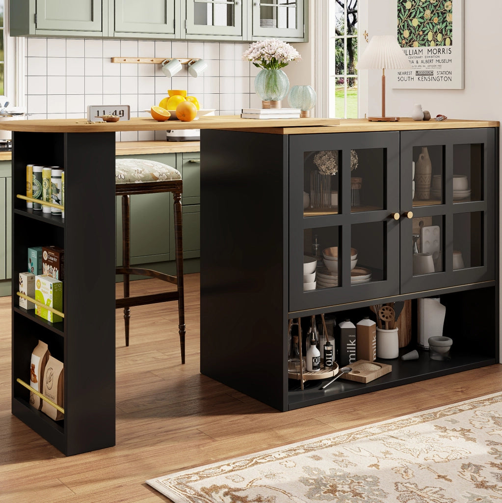 Credenza girevole 360° con ante in vetro temperato, ripiani regolabili e struttura in MDF 138-204 cm