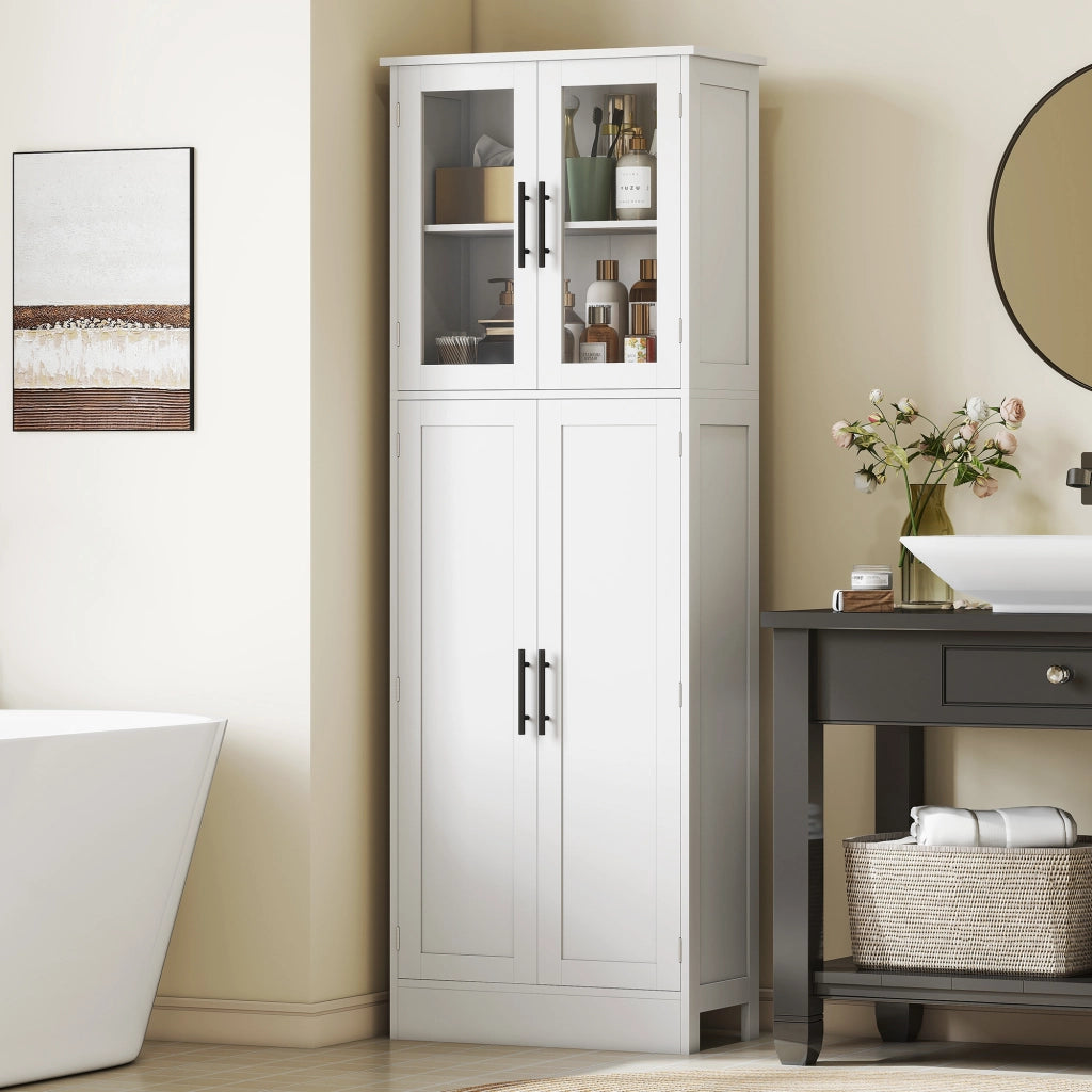 Mobile bagno alto con ante in vetro ¨C Xylo ¨C Bianco, legno, ripiani regolabili, 60x30x170 cm