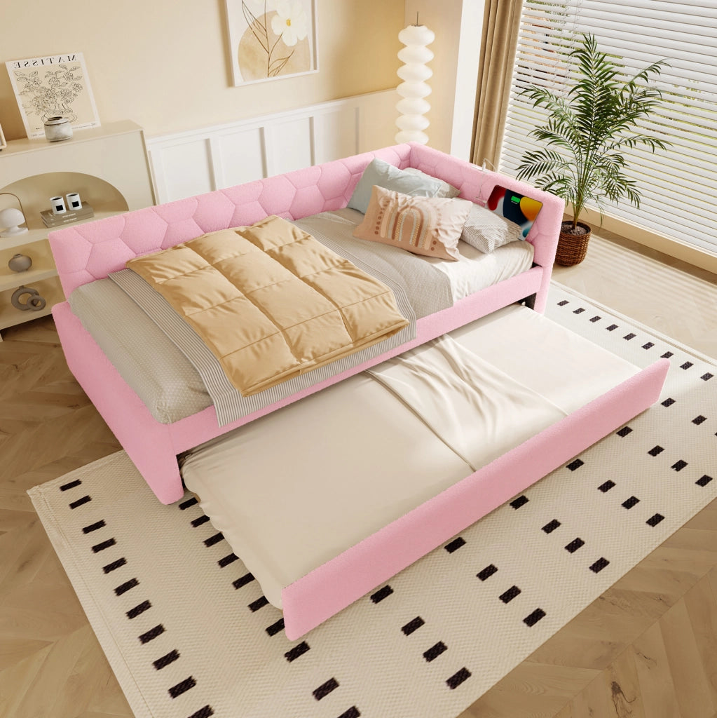 LETTO 90x200 cm in Bouclé Rosa con letto estraibile, USB e Tipo-C