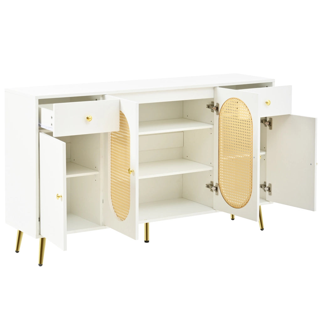 Credenza con 4 ante, 2 cassetti e ripiani regolabili per soggiorno, in truciolare bianco e naturale, 140 × 35 × 82 cm