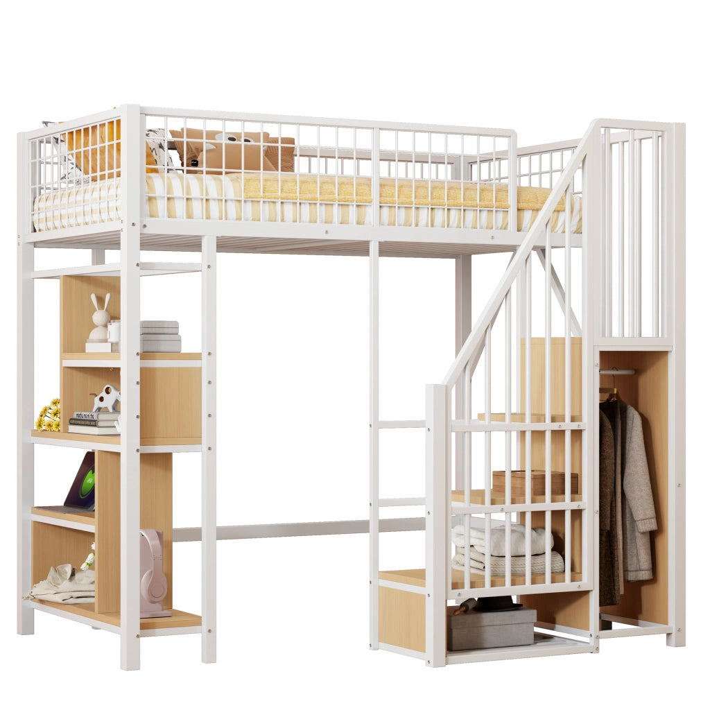 Letto a soppalco 90x200 cm in metallo e legno; bianco; con scala contenitore