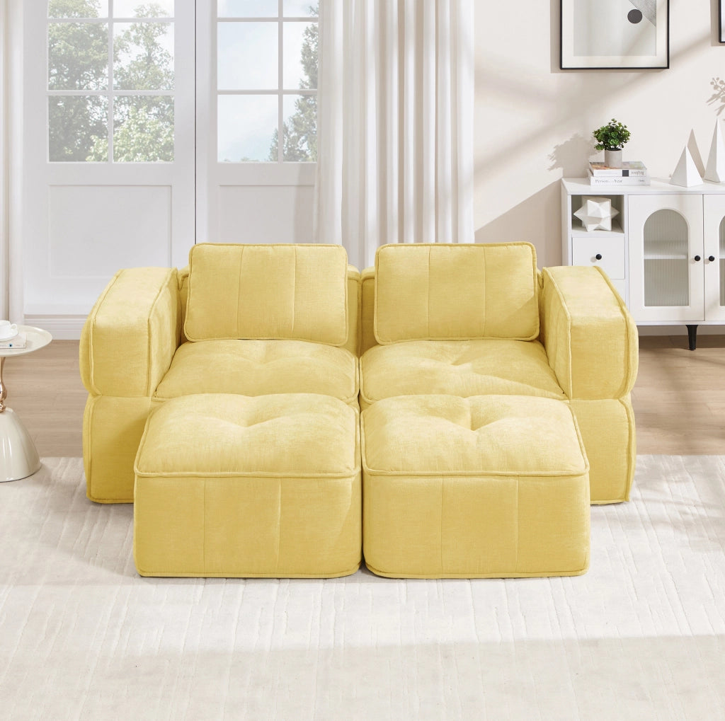 Divano modulare 2 posti 198x162x67 cm in poliestere giallo con 2 pouf