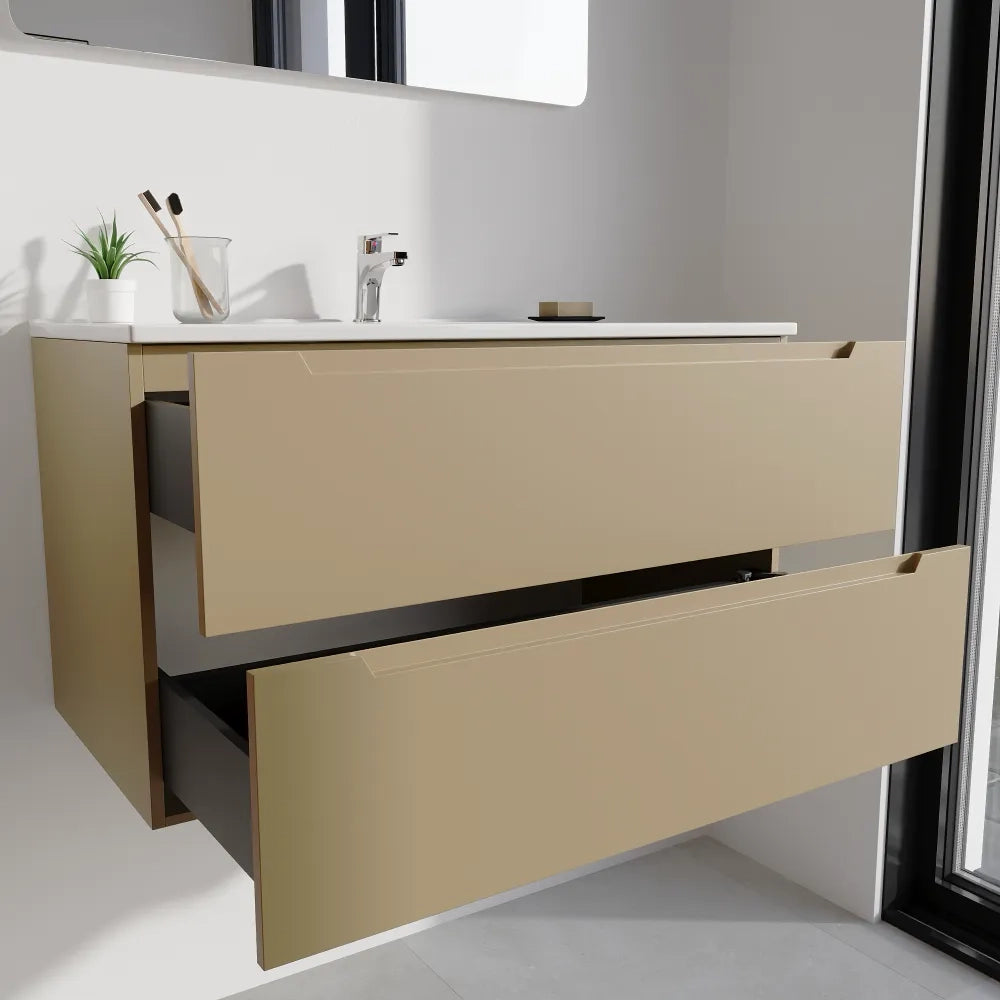 Mobile bagno sospeso 100cm sabbia opaco due cassetti soft-close con lavabo bianco lucido | Bako