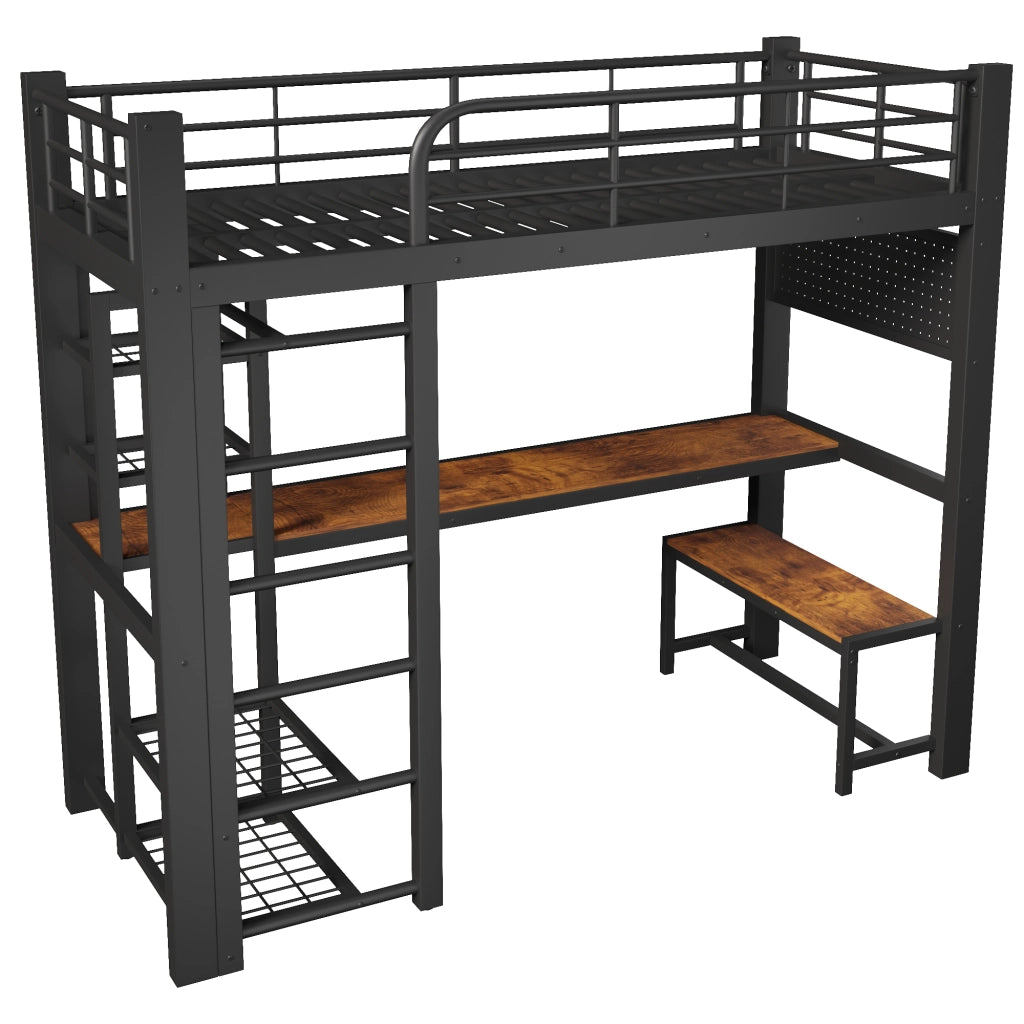 Letto a soppalco 90 × 200 cm con scrivania in legno LED ripiani barra appendiabiti e pannello forato in metallo nero