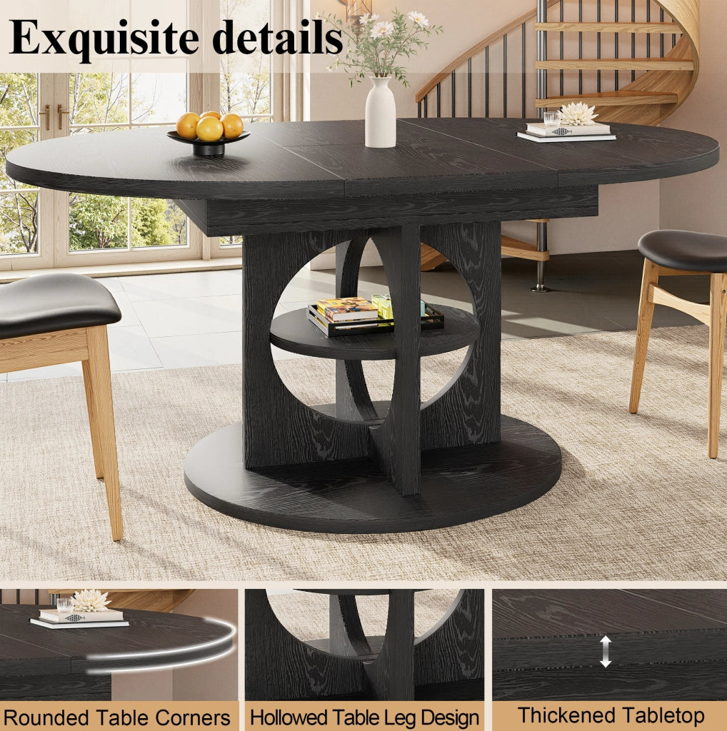 Tavolo da pranzo estensibile ULEVR 110-150 cm rotondo e ovale con ripiano integrato, MDF e metallo nero