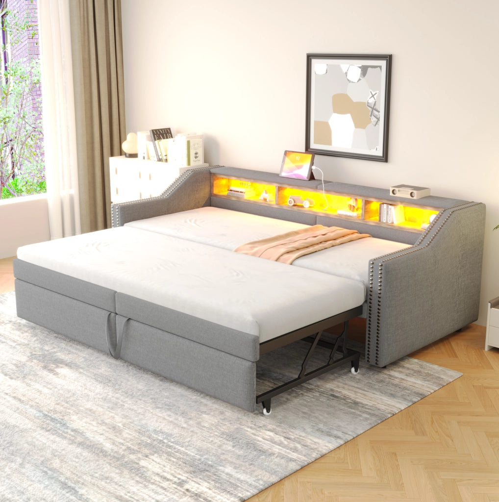 Divano letto estraibile 90/180x200 cm grigio chiaro con LED e USB