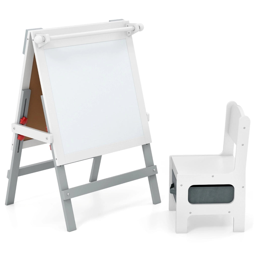 Cavalletto artistico doppia faccia per bambini con sedia contenitore, Cavalletto da disegno regolabile in altezza Grigio