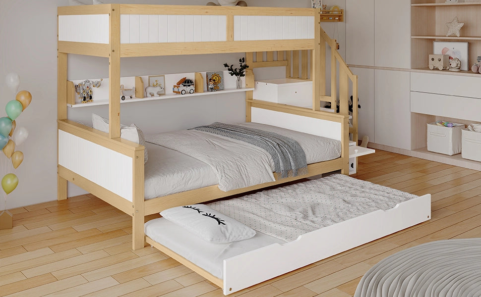 Letto a castello per bambini a tre posti in pino e MDF; con scala contenitore; armadio laterale; bianco e legno naturale