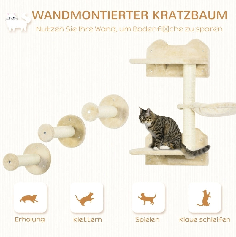 Set parete per gatti 4 pezzi con tiragraffi e amaca beige