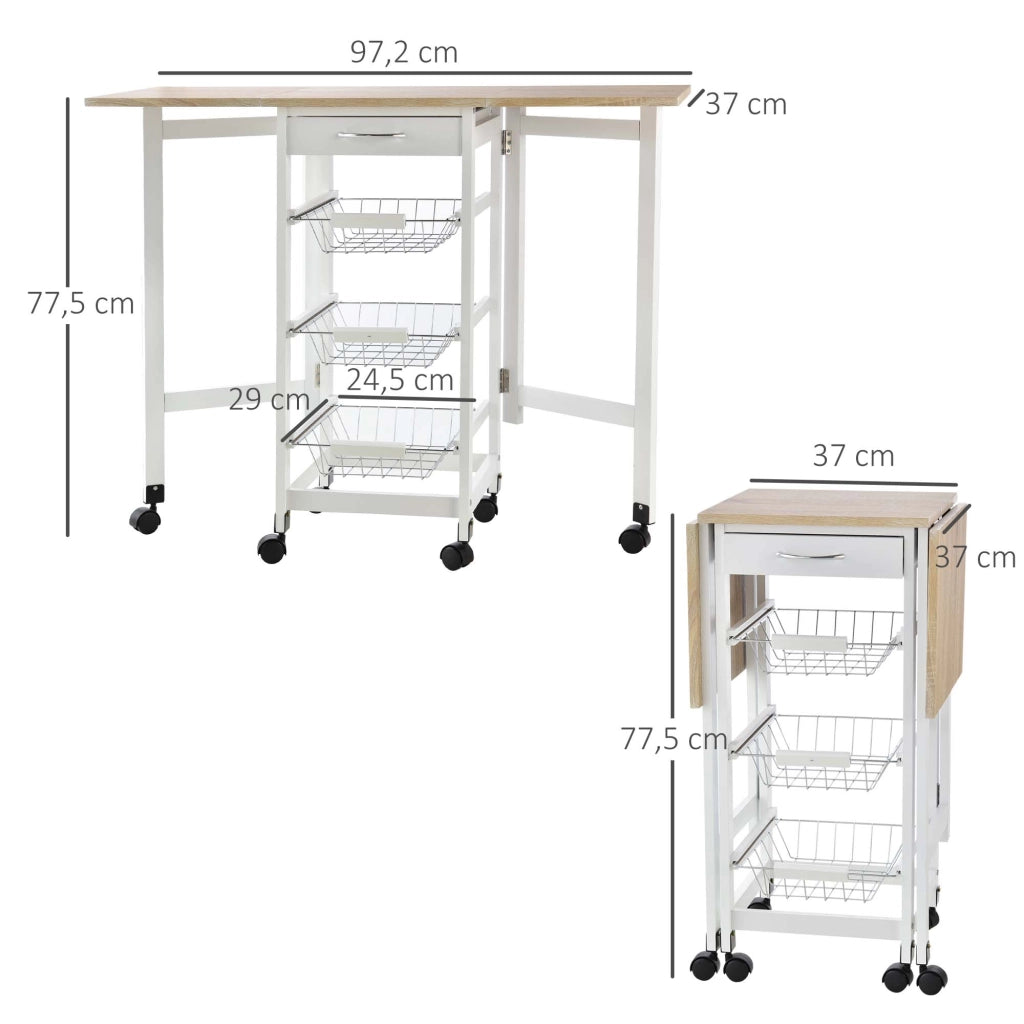 Carrello da cucina con cestini e cassetto ¨C Minimal ¨C metallo bianco quercia chiaro