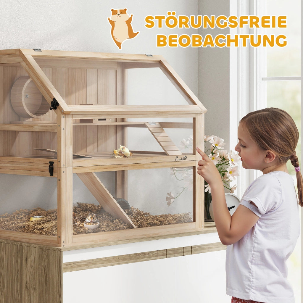 Gabbia per criceti in legno a 3 piani con coperchio ribaltabile e ruota per piccoli roditori 80 x 50 x 76 cm legno naturale