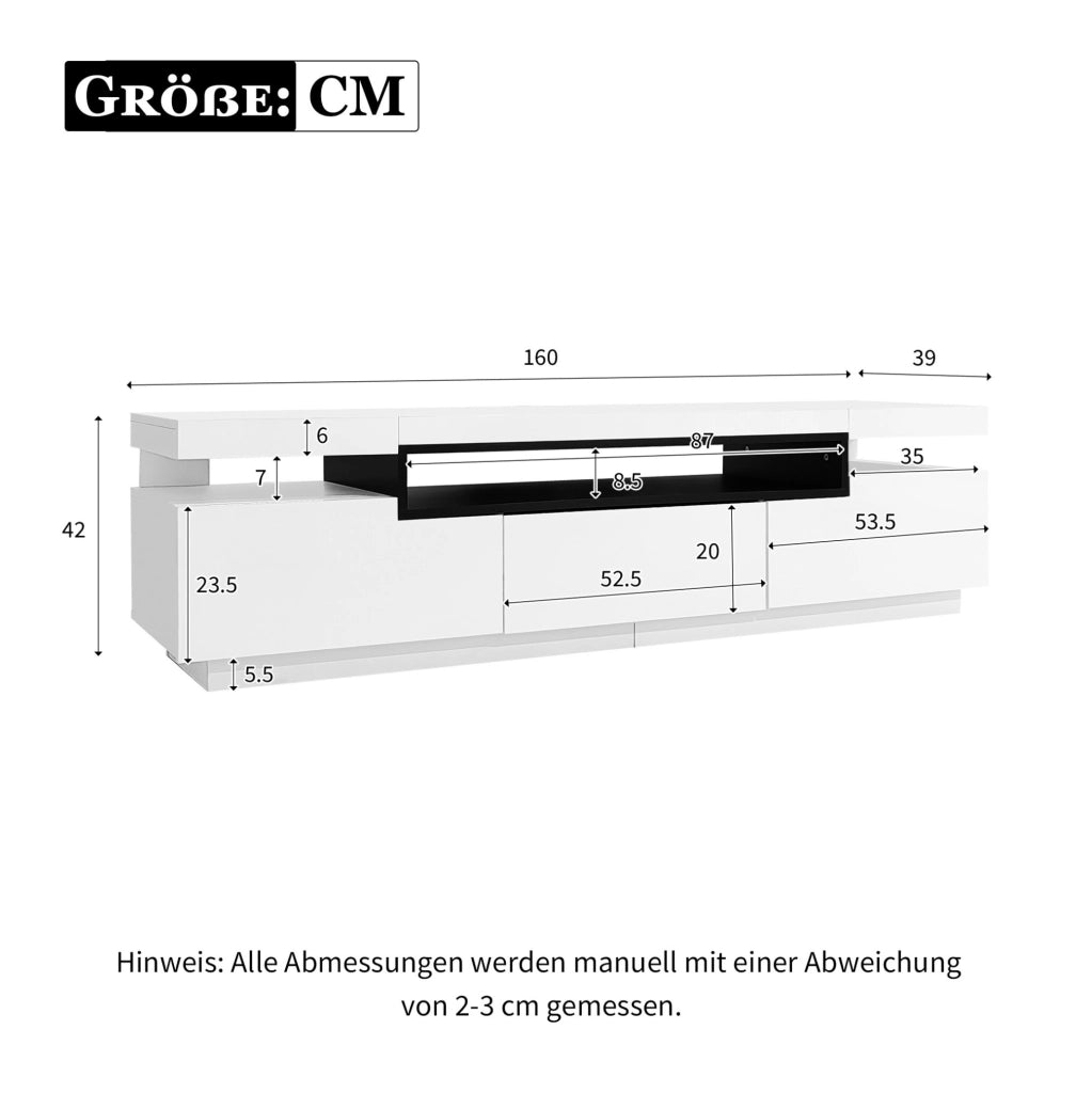 Mobile TV bianco 160x39x42 cm con LED 16 colori e 3 cassetti