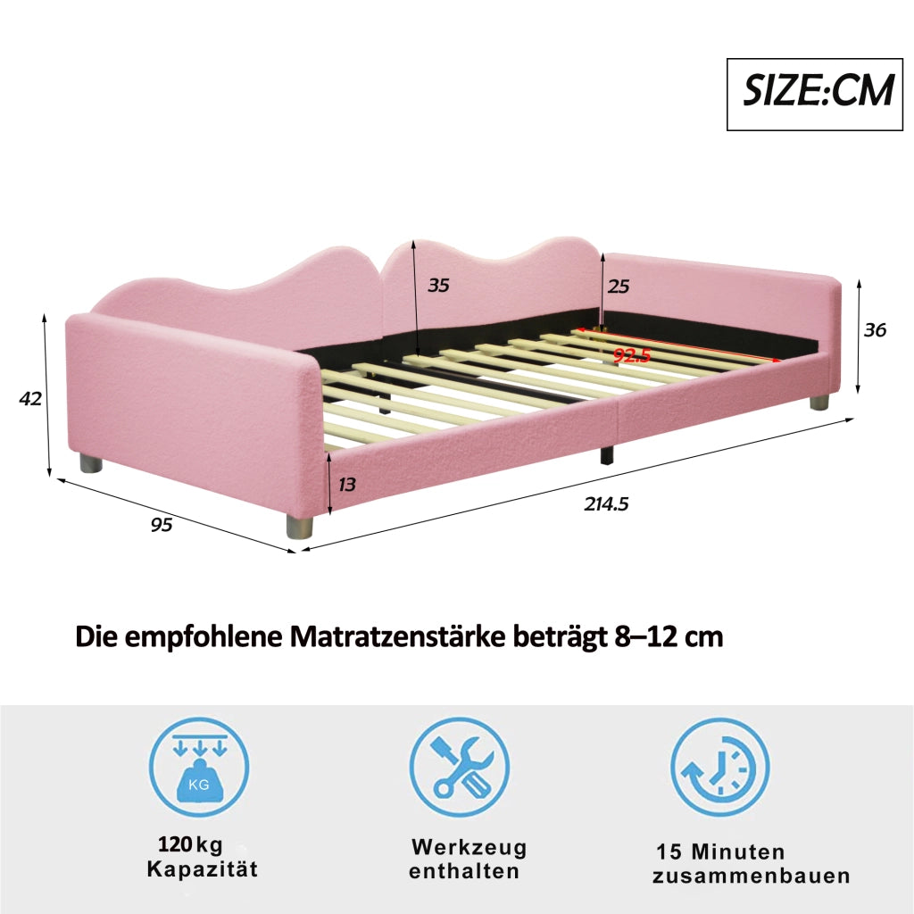 Letto per bambini imbottito rosa con schienale e braccioli struttura a doghe in legno portata 120 kg