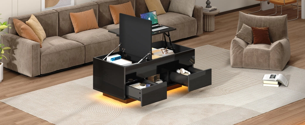Tavolino da salotto sollevabile nero lucido con luci led 100x45x43 cm