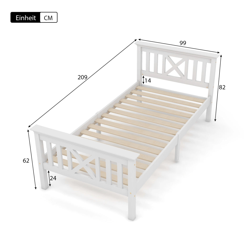 Letto Singolo in Pino Massello con Testiera e Doghe ¨C MINIMAL ¨C Bianco 90x200