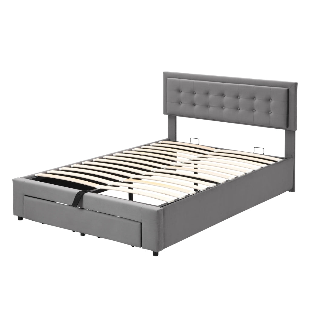 Letto imbottito con contenitore e cassetti in velluto grigio
